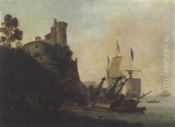 A Mediterranean Port Scene With A Ship Being Caulked Oil Painting by Adriaen Van Der Cabel