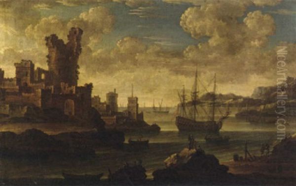 A Mediterranean Coastal Landscape Oil Painting by Adriaen Van Der Cabel