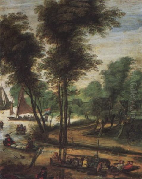 A Wooded Landscape With Peasants Travelling In A Boat Down River, Other Sailing Vessels And Cottages Beyond Oil Painting by Adriaen Van Der Cabel