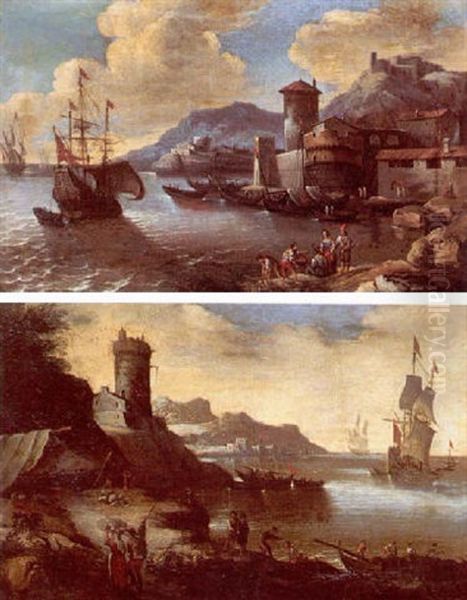 Mediterranean Port Scene Oil Painting by Adriaen Van Der Cabel