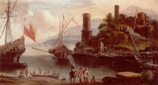 A View Of An Italianate Harbour Oil Painting by Adriaen Van Der Cabel