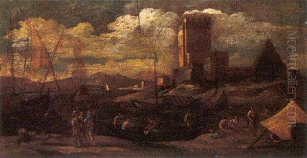 Veduta Di Porto Con Velieri, Rovine E Figure Oil Painting by Adriaen Van Der Cabel