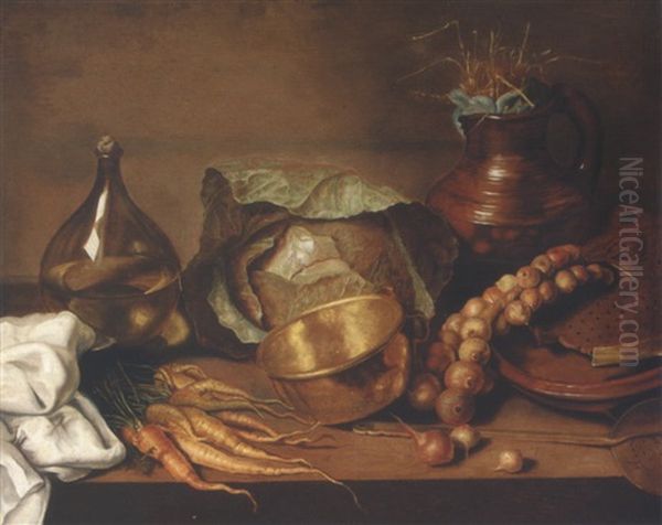 Still Life Of Cabbages, Carrots, Onions, Cooking Utensils And A Wine Bottle, Upon A Table Top Oil Painting by Adriaen Van Der Cabel