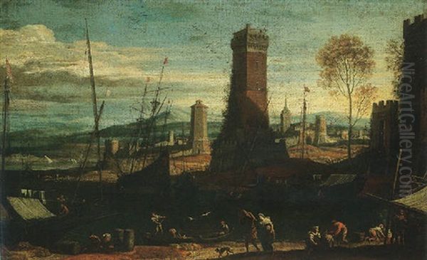 A Mediterranean Harbour Scene With Figures Oil Painting by Adriaen Van Der Cabel