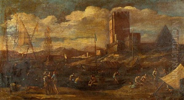 Scene De Port Oil Painting by Adriaen Van Der Cabel