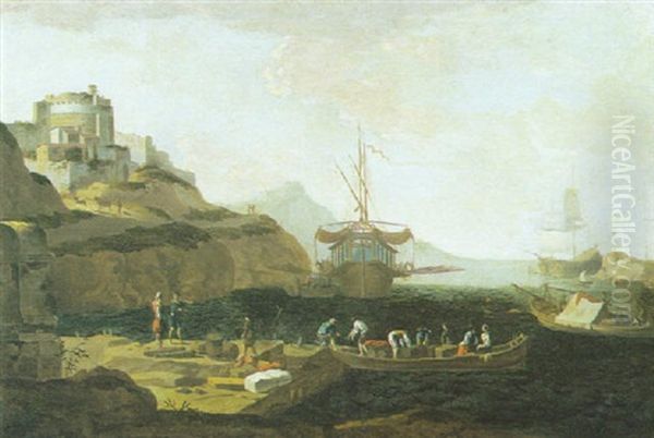 Marina Con Torre Cilindrica, Navi, Barca E Figure Oil Painting by Adriaen Van Der Cabel