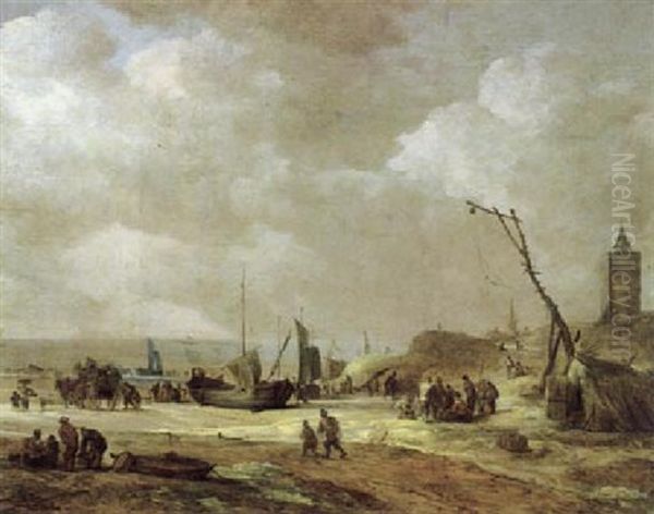 Kustenlandschaft Mit Einem Turm Und Vielen Figuren Oil Painting by Adriaen Van Der Cabel