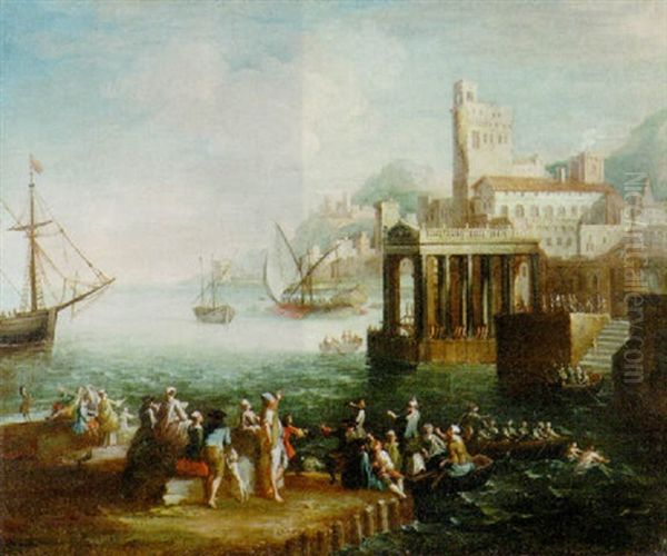 A Capriccio Of A Mediterranean Port With Figures In A Quay, Shipping Beyond by Adriaen Van Der Cabel