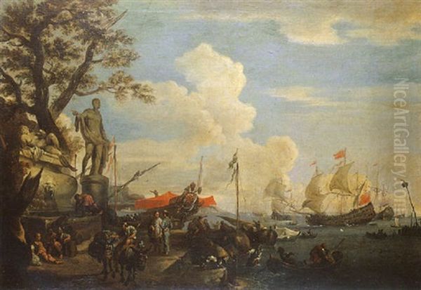 Port Mediterraneen Anime De Marchands Turcs Oil Painting by Adriaen Van Der Cabel