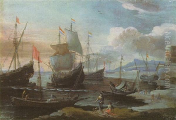 Hollandische Schiffe In Einem Sudlichen Hafen Oil Painting by Adriaen Van Der Cabel