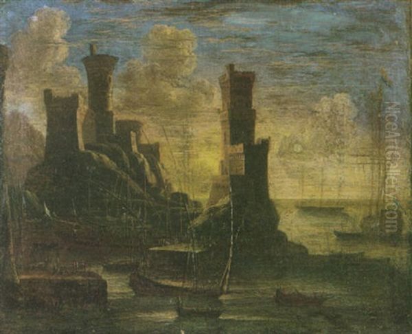 A Capriccio View Of A Mediterranean Port Scene Oil Painting by Adriaen Van Der Cabel