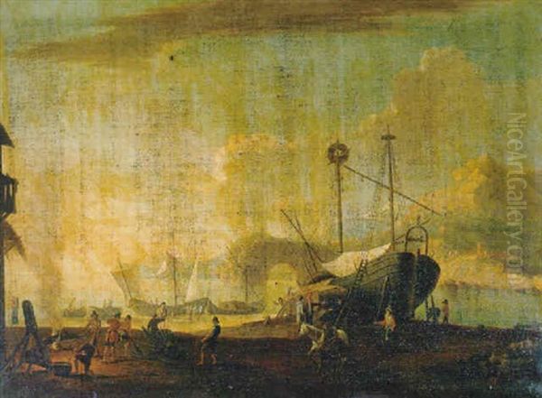 Paisaje De La Costa Mediterranea Con Barcos De Pescadores En La Playa Y Pescadores Reparando Un Barco Oil Painting by Adriaen Van Der Cabel