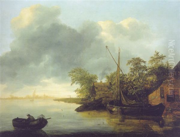 A River Landscape With Sailboats Moored By A Bank, Houses Nearby, A Town Beyond Oil Painting by Adriaen Van Der Cabel