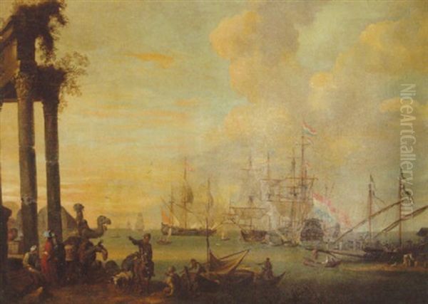 A Coastal Landscape With Merchants And Travellers By A Ruined Arch, Dutch Men-o-war And Other Shipping Moored In A Calm Beyond Oil Painting by Adriaen Van Der Cabel