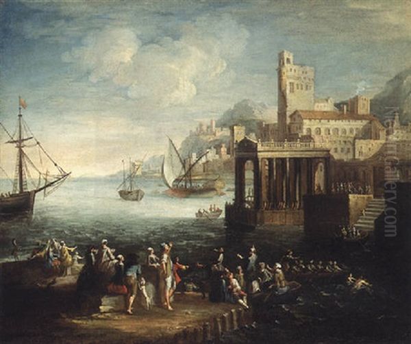 A Capriccio Of A Mediterranean Port With Figures On A Quay, Shipping Beyond Oil Painting by Adriaen Van Der Cabel