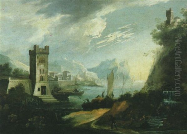 Marina Mediterranea Con Un Borgo Fortificato, Una Rupe Turrita Ed Una Cascata Oil Painting by Adriaen Van Der Cabel