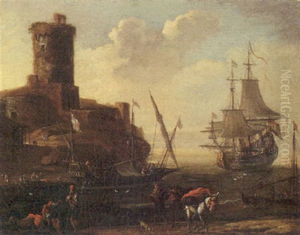 A Mediterranean Port Oil Painting by Adriaen Van Der Cabel