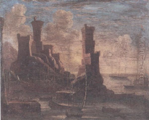 A Capriccio View Of A Mediterranean Port Scene Oil Painting by Adriaen Van Der Cabel