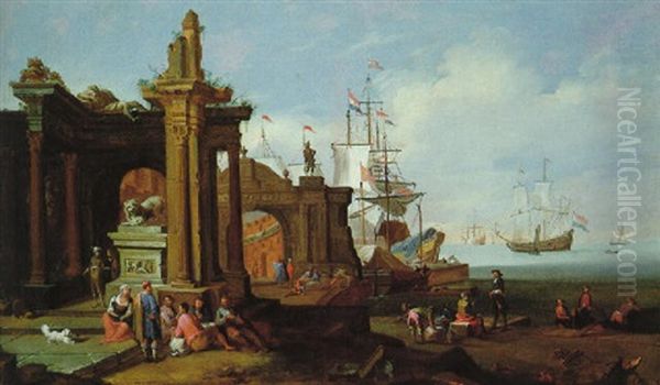 Sudliche Hafenstadt Mit Segelschiffen Und Vielen Figuren Oil Painting by Adriaen Van Der Cabel