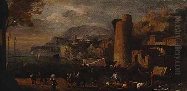 Vue D'un Port Mediterraneen Oil Painting by Adriaen Van Der Cabel