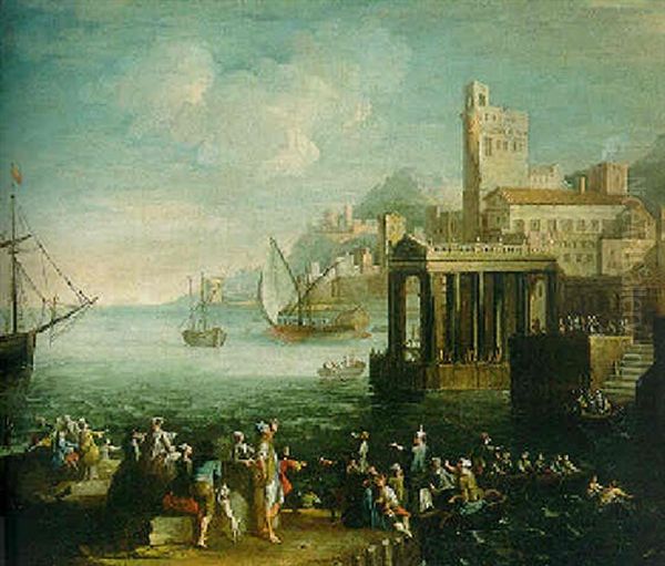 A Capriccio Of A Mediterranean Port With Figures On A Quay, Shipping Beyond Oil Painting by Adriaen Van Der Cabel