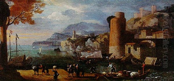 Vue D'un Port Mediterraneen Oil Painting by Adriaen Van Der Cabel