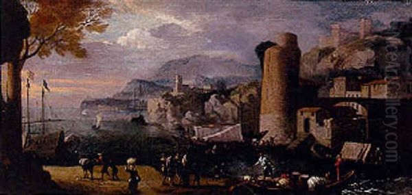 Vue D'un Port Mediterraneen Oil Painting by Adriaen Van Der Cabel