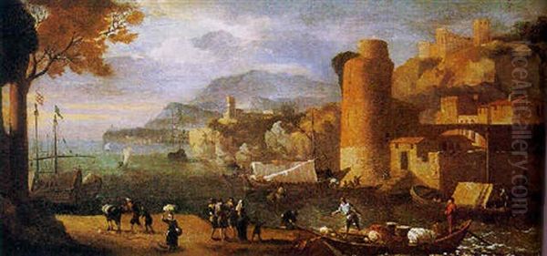 Vue D'un Port Mediterraneen Oil Painting by Adriaen Van Der Cabel