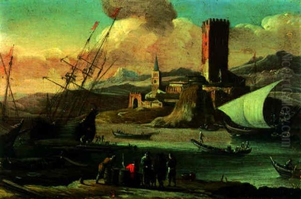 A Mediterranean Harbour With Stevedores On The Shore, A Town Beyond Oil Painting by Adriaen Van Der Cabel