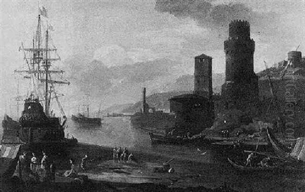 A View Of An Italianate Harbour With Fishing Vessels Moored Near A Landing Stage By A Tower Oil Painting by Adriaen Van Der Cabel