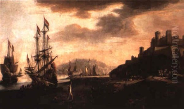 A Dutch Merchant Flute And Other Vessels Anchored Off A Rocky Cove Oil Painting by Adriaen Van Der Cabel