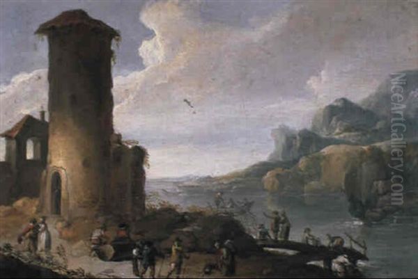 A Coastal Inlet With Figures On A Track Before A Tower Oil Painting by Adriaen Van Der Cabel