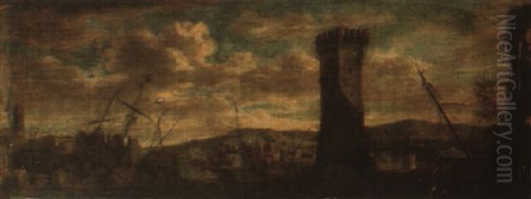 View Of A Town, A Port Beyond Oil Painting by Adriaen Van Der Cabel