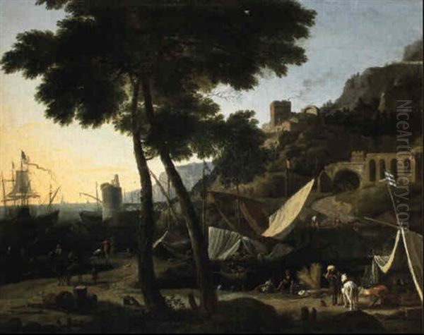 Huttes Pres D'un Port De La Mediterranee Oil Painting by Adriaen Van Der Cabel