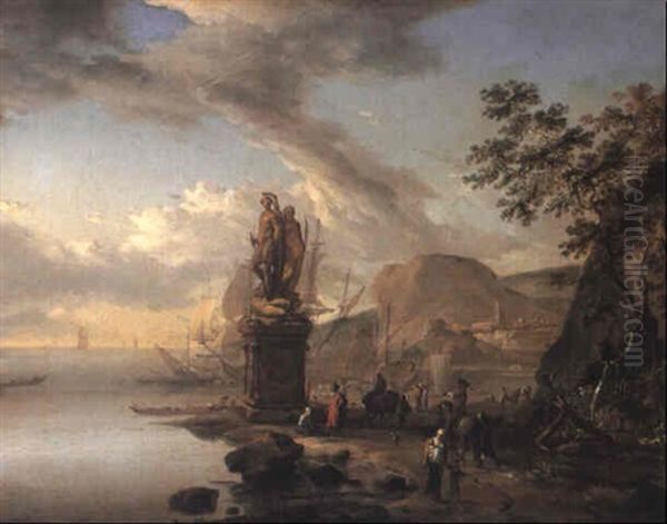 Mediterranean Coast With Travellers By A Statue Of A Warrior Oil Painting by Adriaen Van Der Cabel