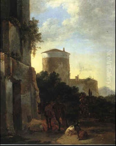 A Horse Tethered By Some Hay, A Peasant Mounted On A Donkey Behind Oil Painting by Adriaen Van Der Cabel