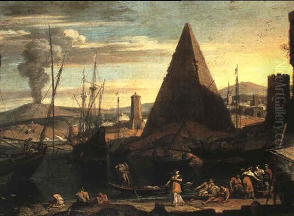 Mediterranean Harbour Scene With A Pyramid Oil Painting by Adriaen Van Der Cabel