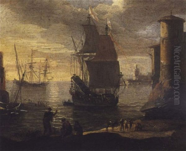 Scene Portuaire Oil Painting by Adriaen Van Der Cabel