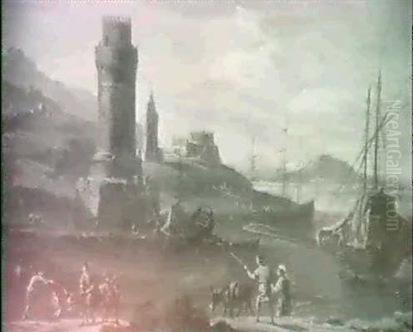 Capriccios Of Mediterranean Inlets, A Galley And A Man-     Of-war By A Fortified Watch Tower & Peasants In Foreground Oil Painting by Adriaen Van Der Cabel