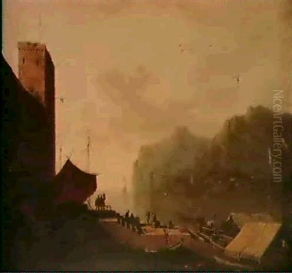 Scene De Port Mediterraneen Oil Painting by Adriaen Van Der Cabel