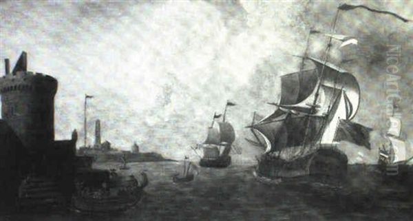 Two Man-o-wars And Other Vessels Off A Harbour Fort Oil Painting by Adriaen Van Der Cabel