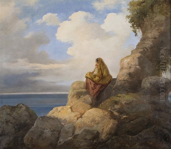 Contadinella Sulle Rocce (country Girl Sitting On The Rocks) Oil Painting by Vincenzo Cabianca