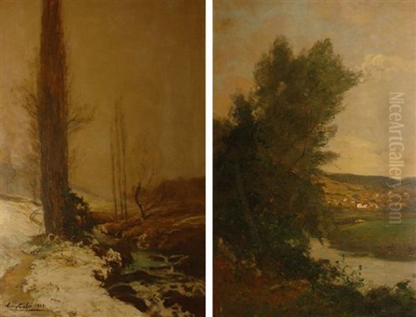 Paysage De Neige A La Riviere Et Paysage Boise A La Riviere (pair) Oil Painting by Louis Alexandre Cabie