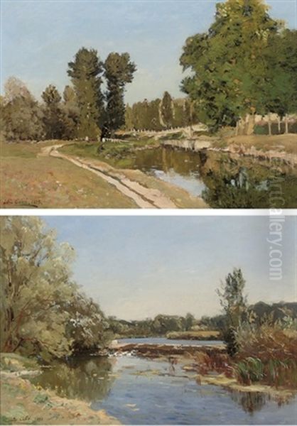 At The Weir (+ Angling On The River Bank; Pair) Oil Painting by Louis Alexandre Cabie