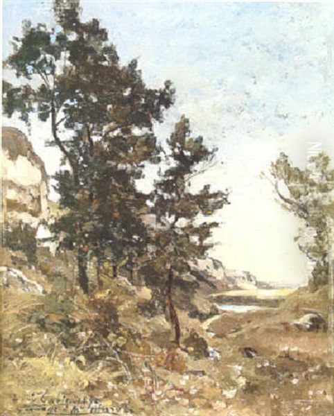 A Landscape With An Outcrop And Trees In The Foreground And A River Beyond Oil Painting by Louis Alexandre Cabie