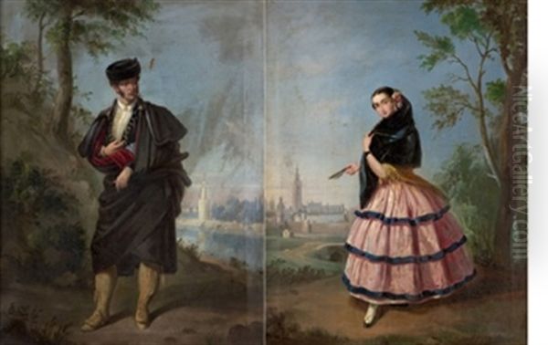 Pareja De Andaluces (pair) Oil Painting by Manuel Cabral Aguado Bejarano