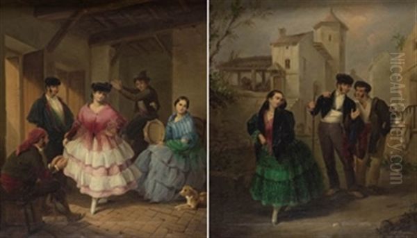 Escenas Populares Andaluzas (pair) Oil Painting by Manuel Cabral Aguado Bejarano