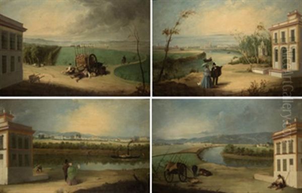 Escenas A Orillas Del Guadalquivir (4 Works) Oil Painting by Manuel Cabral Aguado Bejarano