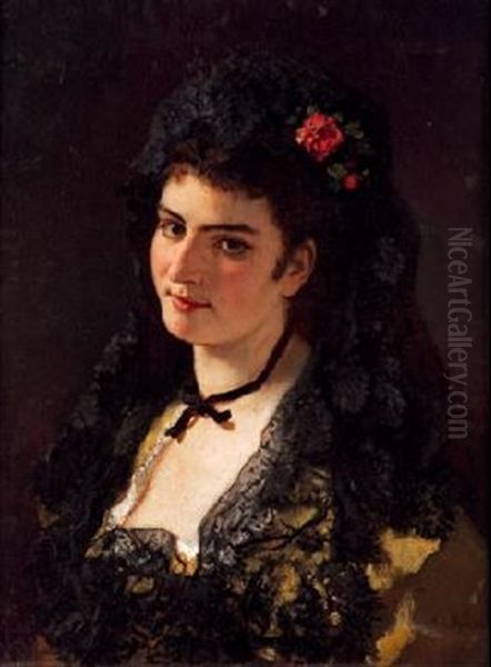 Retrato De Joven Con Mantilla Oil Painting by Antonio Cabral Bejarano