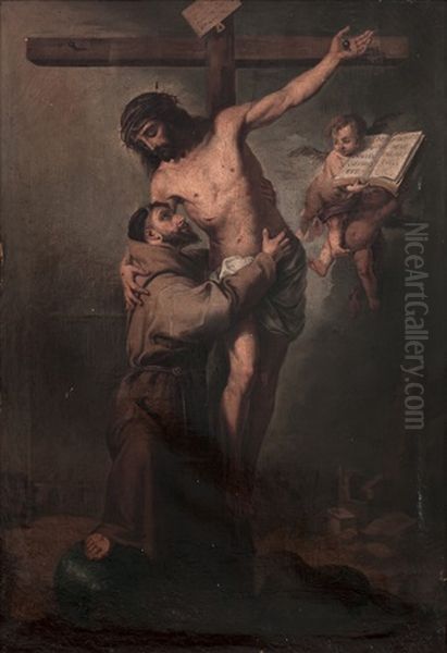 San Francisco Abrazando A Cristo Crucificado (after Bartolome Esteban Murillo) Oil Painting by Francisco Cabral Bejarano